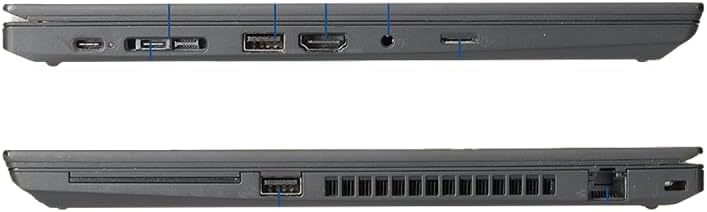 Side view of the Lenovo ThinkPad T490 laptop showing various ports including USB-C, USB-A, HDMI, and Ethernet