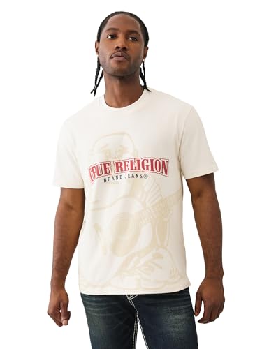 True Religion Men's Short Sleeve Shadow Logo Tee – Crewneck Graphic T-Shirt- Winter White, L