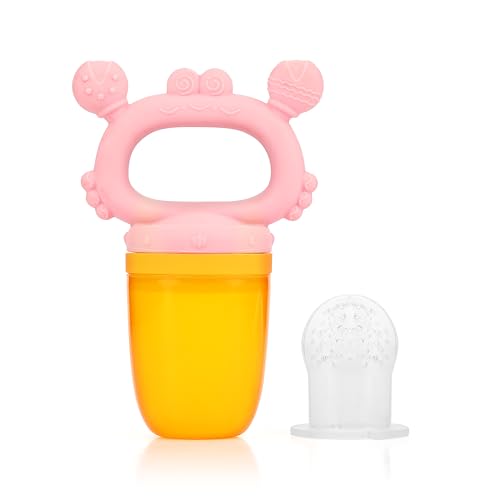 Image of BabyGo Silicone Baby Crab Nibbler & Teether with Rattle Handle | Soft Feeding Feeder for Fruits | Easy Grip Self-Feeding Teething Pacifier & Teether for Babies 6-12 Months | Multicolour | Pack of 1
