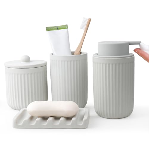 BosilunLife Light Grey Bathroom Accessories Set - Ceramic Bathroom Counter Soap Set Bathroom Decor Sets Accessories Bathroom Foam Soap Dispenser and Toothbrush Holder Set, Soap Dish, Apothec