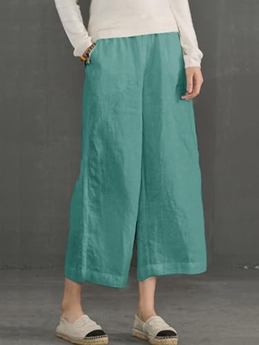 Image of ECUPPER Womens Cotton Cropped Pants Loose Fit Wide Leg Trousers | Casual, Plus Size, Elastic Waist, Capri, 100% Cotton, Slant Pockets, High Rise Waist, Lounge Pants