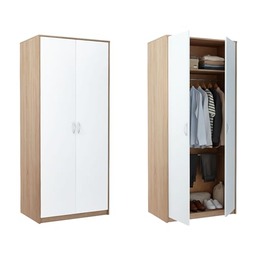 Home Collective Kleiderschrank mit 2 Türen 1 Kleiderstange 1 Einlegeboden Garderobenschrank 85 cm breit Schrank Matte Oberfläche aus laminierter Platte für Schlafzimmer Wohnzimmer Flur Sonoma weiß