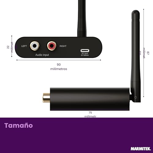 Transmisor Receptor Audio inalámbrico - Sonido TV a Equipo hi-fi - Calidad CD Digital, Baja latencia - Multiroom hasta Diez receptores - RCA Cinch - Alimentación USB-C - imagen 7