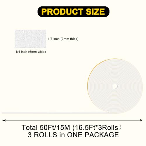 YIMIKI Strong Self Adhesive Foam Tape 6mm(W) x 3mm(T) Weatherstripping Door Window Seal Door Draught Excluder, SoundProof Weather Strip Tape Seals for Gap Seal,3 Rolls, Total 15M Long