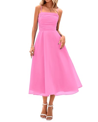 Image of PRETTYGARDEN Womens Summer Dresses 2025 Spaghetti Strap Sleeveless Smocked Flowy Midi Wedding Guest Dress with Pockets