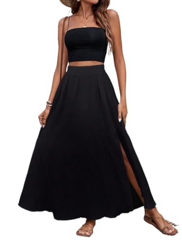 Women's 2025 Casual Maxi Long Skirts Solid Color Slit Casual Skirt