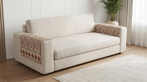 Image of Luxury Sofa Arm Cover Set of 2 - Ivory Moroccan Hexagon Quilted Armrest Cover for L Shape, 3 Seater, 4 Seater Sofa, Washable, Anti-Slip, Ivory Rust