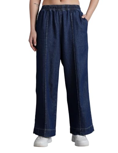 Image of INKD Women's Wide Leg Jeans- 100% Cotton | Mid-Rise | Elasticated Waistband | Pintuck Details | Comfort Fit | Palazzo Pants for Women | Lightweight Denim for Summers (Available in Plus Sizes)