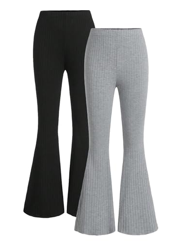 WDIRARA Girl's 2 Piece Elastic Waist Flare Bell Bottom Ribbed Knit Long Pants