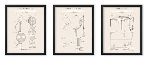 Poster Master 3-teiliges Tischtennis-Plakat, Patentdruck, Tischtennis-Schlägerkunst, Sportkunst, technische Zeichenkunst, Wanddekoration für Büro oder Fitnessstudio, 20,3 x 25,4 cm, ungerahmt