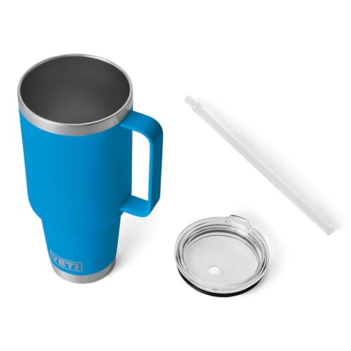 Image of YETI Rambler 42 oz Tumbler with Handle and Straw Lid, Travel Mug Water Tumbler, Vacuum Insulated Cup with Handle, Stainless Steel, Big Wave Blue