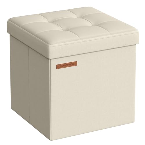 SONGMICS Storage Ottoman, Foldable Small Ottoman Foot Rest, 11.8 Inches Foot Stool, Cube Ottoman with Storage, Load up to 286 lb, for Living Room, Bedroom, Dorm, Cream White ULSF028W01 Cream