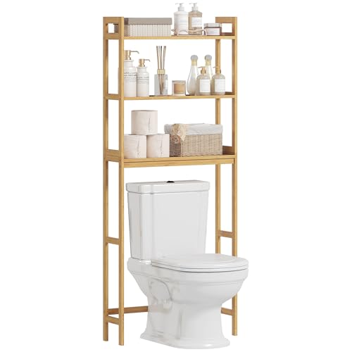 kleankin Estantería sobre Inodoro de Bambú Estantería de Baño con 3 Estantes y Alfombrillas Antideslizantes Antivuelco Estilo Moderno 68x20x165 cm Natural