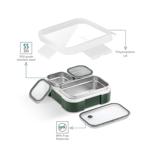 Image of VAYA Tydbyt Lunch Box for Boys, 3 Stainless Steel Containers, Slim Compact & Travel Friendly Tiffin Box for Office School, Ideal for Organized Meals, Green
