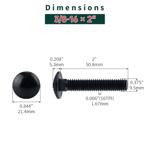 Image of 3 /8-16 x 2 Black Carriage Bolts with Nuts and Washers Kits (10 Sets), 304 Stainless Steel 18 /8, Black Finish, Round Head, Square Neck, Heavy Duty Bolts, Indoor Outdoor Fastening Bolts, Fayeploo