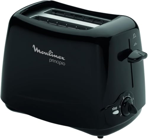 Moulinex Principio, Tostadora de 2 Ranuras, 850 W, 6 niveles de tostado ajustable, Bandeja recogemigas, Diseño fácil de usar y limpiar, Ideal para pan fino y grueso, Negra, TT110232