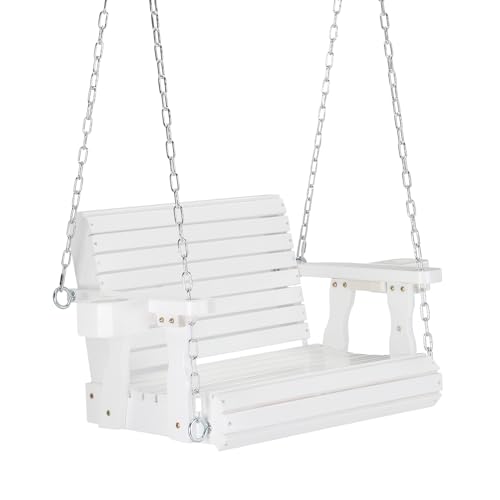 Image of VINGLI Heavy Duty 440 LBS 1-Person Wooden Patio Porch Swing with Extra Cup Holder for Adults, Outdoor Single Porch Swing for Porch, Yard, Balcony, Tree (White)