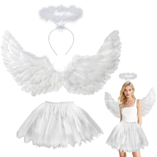 YeahBoom Disfraz de ángel blanco para adultos – Juego de 3 piezas con alas de 80 cm, falda de tul de 70 – 110 cm, alas de ángel para mujeres y niños