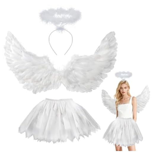 Disfraz de Ángel Blanco Para Adultos - 3 Unidades, 70-100 cm, Alas y Falda Tutú Para Mujer, Disfraz de Diablo