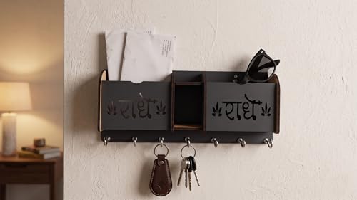 Image of Radhe Radhe Key Holder with 7 Hooks & 3 Compartments | Laser Cut Wall Mounted Mail Organizer, Key Stand & Mobile Holder for Home, Office, Entryway Decor (Matte Black, 22x9x4 cm) (Radhe Radhe)