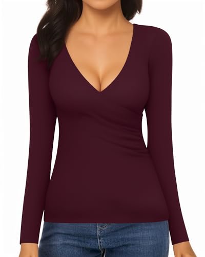 Image of Mangopop Women' Surplice Ruched Plunge Neck Deep-V Long Sleeve Bodysuit Jumpsuits