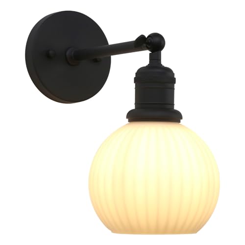 Image of Yosoan Boho Aged Vanity Bathroom Wall Sconce with Milk Shade, 1-Light Indoor Hardwired Wall Mounted Vintage Industrial Fixture Lights with Ribbed Round Glass Lamp for Bedroom Living Room(Black)