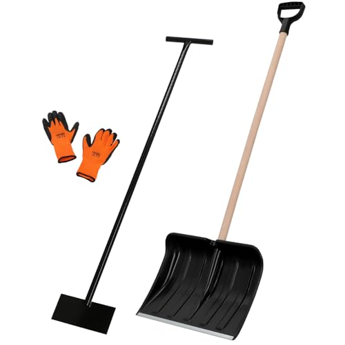 KOTARBAU® Set pala da neve con manico in legno 131 cm raschietto per ghiaccio 119 x 20 cm + guanti caldi spazzaneve sgombraneve pala da neve auto pala con manico pala con manico