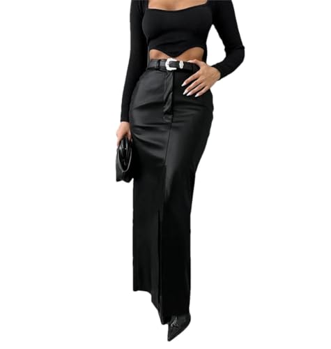 Women European and American Style PU Leather Solid Color Splicing High Waist Slit Slim Fit Long Skirt