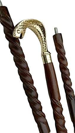 ALFAMART HT Handcrafted 37-Inch Wooden Walking Stick with Intricate Twisted Design and Ornate Brass Gold Cobra Head Handle – Vintage-Inspired Collectible Cane-image-12