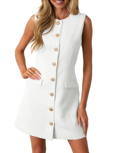 Wenrine Womens Work Dresses 2026 Summer Business Formal Short Dress Sleeveless Button Down Elegant Office Blazer Outfits White