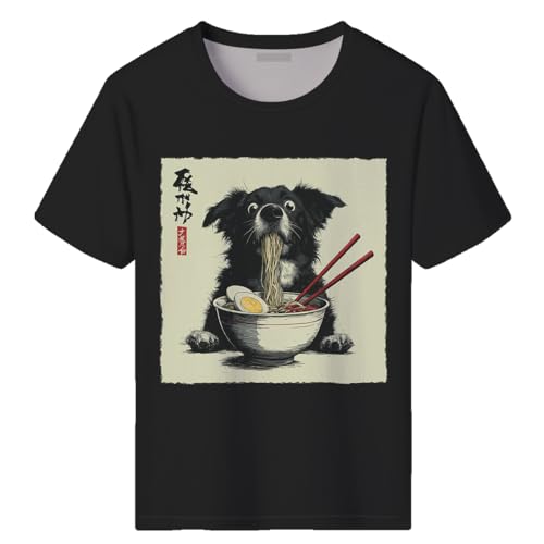 Girren Mens Funny Dog Ramen Graphic T-Shirts Japanese Kawaii Anime Dog T-Shirt Casual Summer Tees Black5 XL