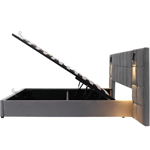 Merax Polsterbett 160x200cm mit Leselicht und USB-Aufladung, Doppelbett mit Lattenrost und Kopfteil, Funktionsbett mit Stauraum für Erwachsene & Jugend, Samtstoff, Grau (Ohne Matratze & Nachttisch) – Bild 8