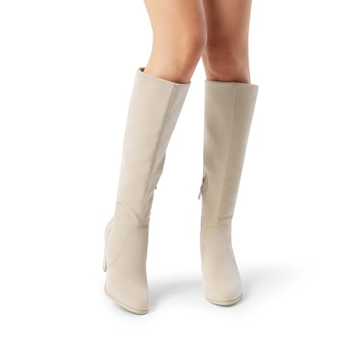 DREAM PAIRS Women's Chunky Heel Knee High Boots,Size 8,Beige,MIDLEG