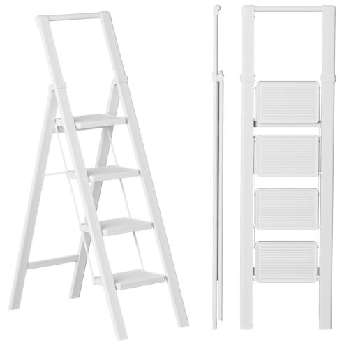 Image of SOLADDER Step Ladder 4 Step Folding Stool with Anti-Slip Widened Sturdy Pedal and Handgrip, Portable and Multi-Use Iron Stepladder for Home, Kitchen, 300 lbs Capacity -Pure White