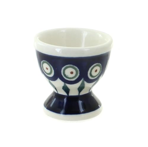 Polish Pottery Market Egg Cup Holder - Handmade by Zaklady Boleslawiec – Polish Stoneware Egg Stand Holder for Soft Boiled Eggs – Peacock Pattern