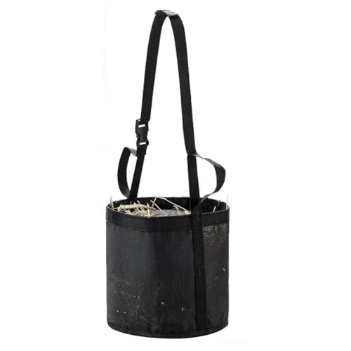 Jennytim Bolsa de comida para caballos, bolsa de heno para caballos, bolsa de comida de granos con fondo de red fijo, bolsa de alimentación de cereales, con correa ajustable para alimentación lenta