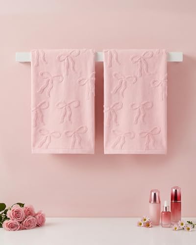 HAYVAN Hand Towels 2 Pack Pink Towels with Bow - 100% Cotton 13.7x29.5 Absorbent Decorative Jacquard Weave for Bathroom & Kitchen Cute & Guest Bathroom Hand Towels Pink Bathroom Decor Gift