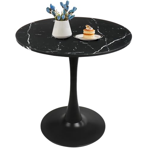 Image of Round Dining Table 27.5 inch Faux Marble Black Tulip Table with Pedestal Base for 2-4 People Small Space - Kitchen Living Room Cafe