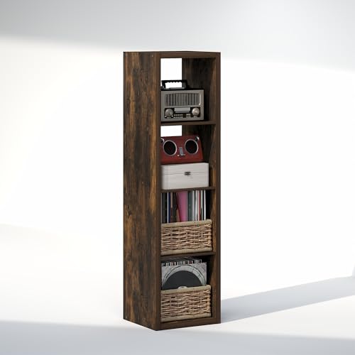 Image of Furinno Cubicle Record Player Stand, 4-Cube Vinyl Record Storage,Amber Pine | Vinyl Storage, 1.2 inchInch Extra Thick, Open Back Media Shelf for CD DVD Bluray Game Disc, for Living Room, Home Office