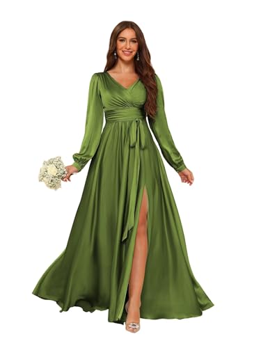 YOFF Long Sleeve Bridesmaid Dresses for Women 2025 V Neck Satin Formal Dresses Evening Gown with Slit YO184