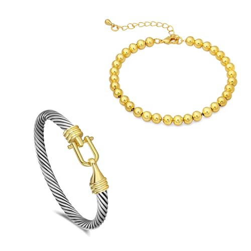 Cable Bracelets for Women - Two Tone Twisted Wire Cuff Bangle Set Trendy Jewelry Gifts for Women