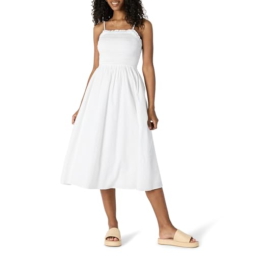 Amazon Essentials Vestido Midi con Corpiño Nido de Abeja de Satén de Algodón de Corte Recto Mujer, Blanco, S
