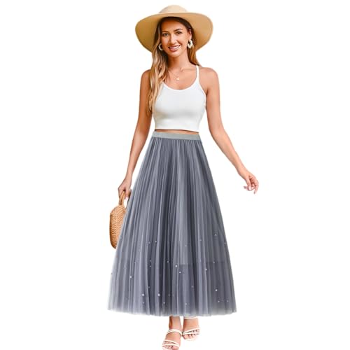 Women's High Waist Flowy Pleated Maxi Skirt Women's Tulle Skirt Elastic Layered Pleated Mesh Flowy A-line Midi Skirt, Grey2