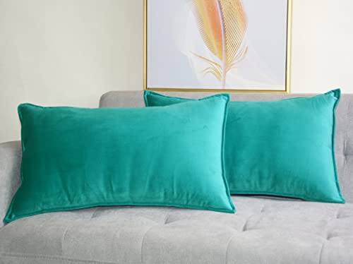 Lutanky Velvet Cushion Covers 30 x 50 cm Dark Teal Decorative Rectangle Throw Pillow Cover (Pack of 2) Soft Oblong Piped Pillowcases for Sofa Bedroom with Invisible Zipper 12x20 Inch
