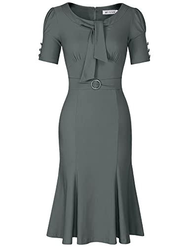 Image of MUXXN Women's Vintage 1950s Midi Crew Neck Short Sleeve Party Cocktail Work Casual Bodycon Dress