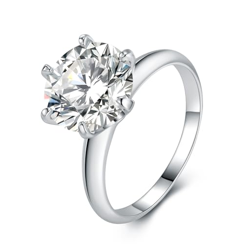 3-10ct Moissanite Engagement Rings for Women,6 Prong Round Cut D Color VVS1 18K White Gold Plated 925 Sterling Silver, Cut Lab Created Diamond Wedding Promise Jewelry