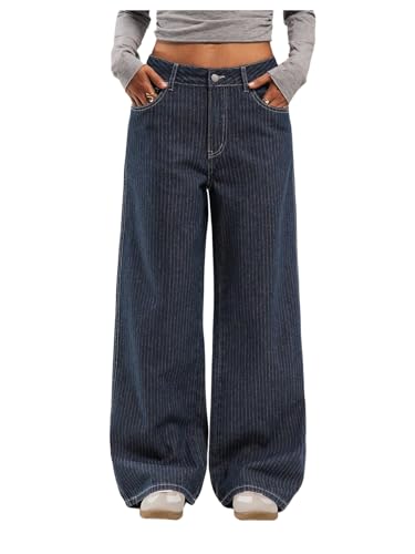 OYOANGLE Women's Striped Wide Leg Jeans Casual Denim Baggy Low-Rise Pants with Pocket