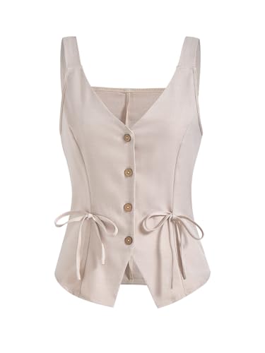 Women's Bow Button Up Vest Top V Neck Sleeveless Fitted Split Hem Tops