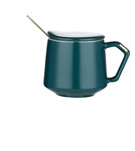 Taza Taza de café de cerámica con patrón de diamante con tapa, juego de taza y cuchara de café de 380 ml, taza de bebida reutilizable, gris/marrón/verde (color: marrón) Con asas (Color : Brown)