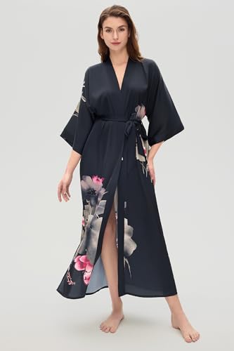 Image of PRODESIGN Kimono Robe for Women - Long Satin Sleepwear Silky Kimono Cover-Up Nightgown Japanese Bathrobe Loungewear Blouse